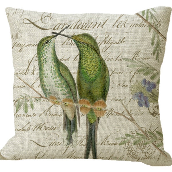 Hummingbird Pair on French Letter in Choice of 14x14 16x16 18x18 20x20 22x22 24x24 26x26 18x12 20x13 24x16 inch Pillow Cover