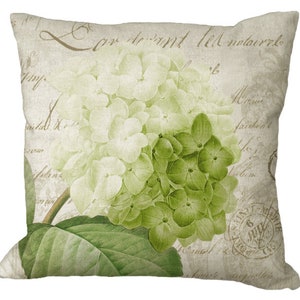 Romantic Green Hydrangea on French Document Choice of 14x14 16x16 18x18 20x20 22x22 24x24 26x26 15x12 18x12 20x13 24x16 inch Pillow Cover