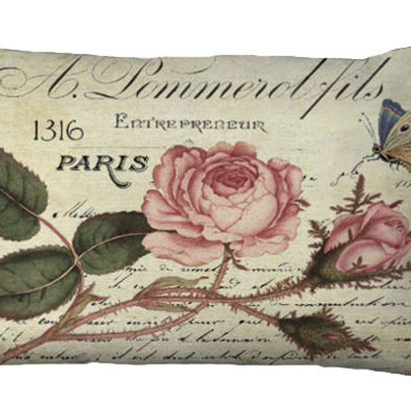 Oblong  Pink Roses on French Script Lumbar Pillow Cover 16x12 18x12 20x12 20x13 22x15 24x16