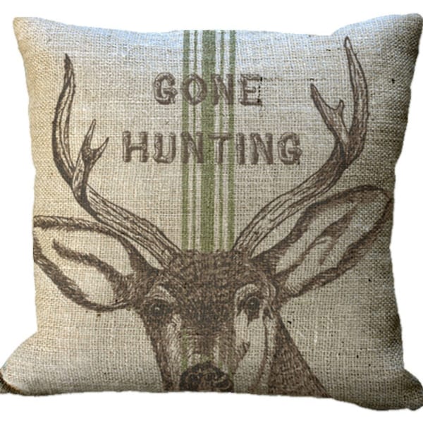 Burlap Gone Hunting on Green or Red Grainsack Stripe in Choice of 14x14 16x16 18x18 20x20 22x22 24x24 26x26 inch Pillow Cover