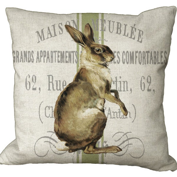 French Rabbit on Dusty Green Grain Sack Pillow Cover in Choice of 14x14 16x16 18x18 20x20 22x22 24x24 26x26 inch