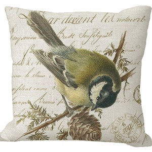 Bird & Pinecone on French Letter in Choice of 14x14 16x16 18x18 20x20 22x22 24x24 26x26 18x12 20x13 24x16 inch Pillow Cover White Burlap