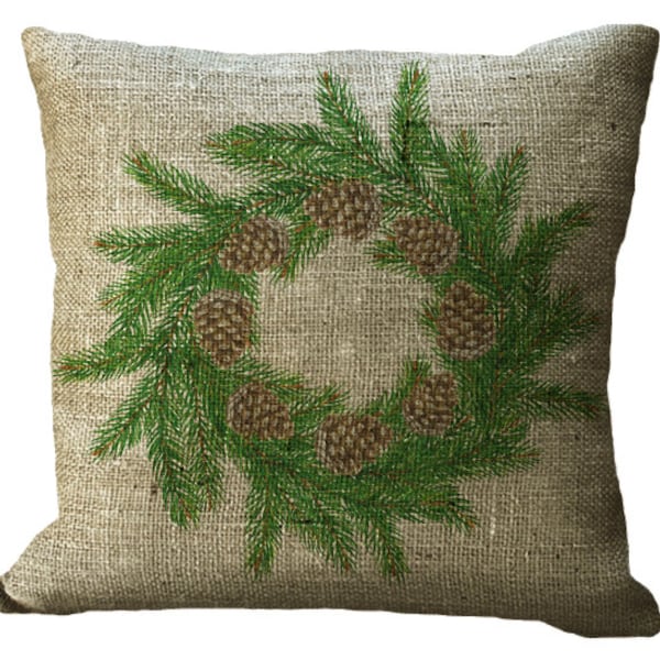 Evergreen Pine with Pinecones Winter Wreath in Choice of 14x14 16x16 18x18 20x20 22x22 24x24 26x26 inch Pillow Cover