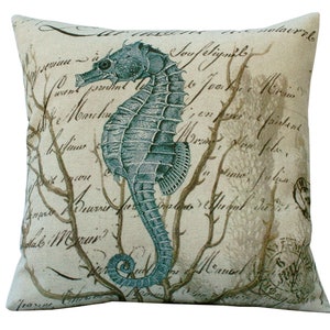 Aqua Sea Horse on French Document Square or Oblong 14x14 16x16 18x18 20x20 22x22 24x24 26x26 18x12 13x20 24x16 inch Pillow Cover