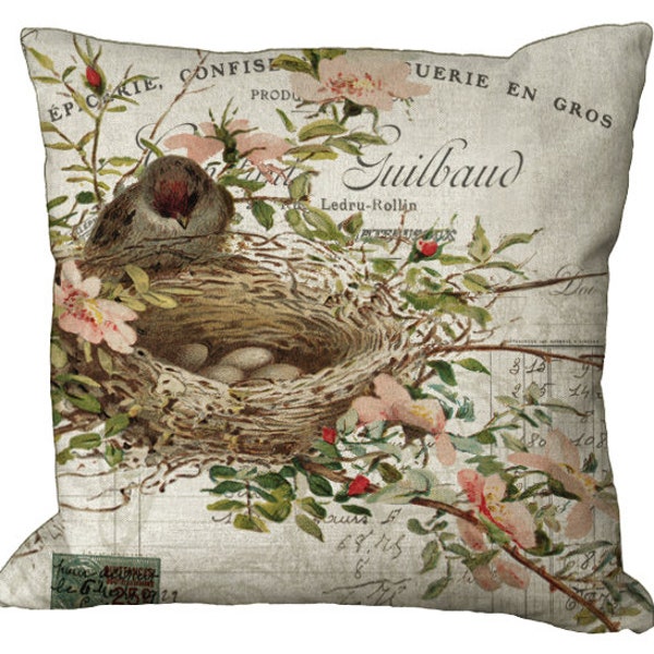 Bird on Nest with Pink Blossoms on French Invoice in Choice of 14x14 16x16 18x18 20x20 22x22 24x24 26x26 inch Pillow Cover