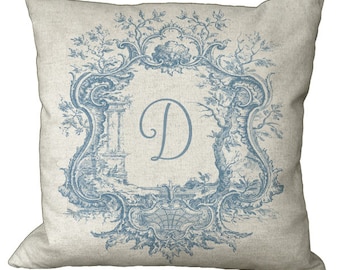 Printed Red or Blue Toile Frame Monogram Custom in choice of 12x12 14x14 16x16 18x18 20x20 22x22 24x24 26x26 Pillow Cover