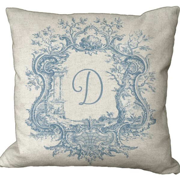 Printed Red or Blue Toile Frame Monogram Custom in choice of 12x12 14x14 16x16 18x18 20x20 22x22 24x24 26x26 Pillow Cover