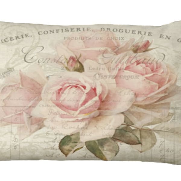 Romantic Shabby and Chic Faded Pale Pink Roses Lumbar Oblong in Choice of 16x12 18x12 20x12 20x13 22x15 24x16 inch Pillow Cover