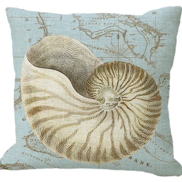 Natural Nautilus on Map on Blue in Burlap in Choice of 14x14 16x16 18x18 20x20 22x22 24x24 26x26 inch Pillow Cover