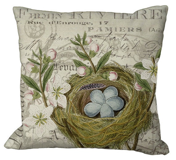 Goldfinch Nest & Eggs on French Invoice French Rabbit Pillow Cover featuring a
