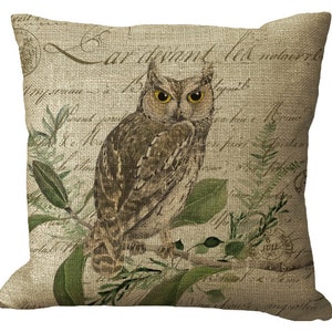 Coordinating Owls on Branch French Letter in Choice of 14x14 16x16 18x18 20x20 22x22 24x24 26x26 inch Pillow Cover