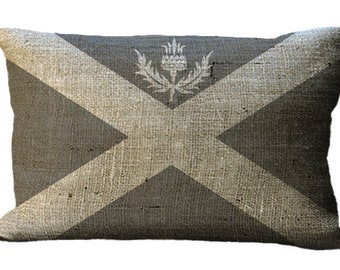 Scottish St Andrew's Cross Saltire Thistle Flag Burlap Lumbar Oblong Choice of 16x12 18x12 20x12 20x13 22x12 22x15 24x16 Inch Pillow Cover