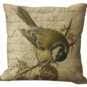 Bird & Pinecone on French Letter in Choice of 14x14 16x16 18x18 20x20 22x22 24x24 26x26 18x12 20x13 24x16 inch Pillow Cover Light Nat Burlap