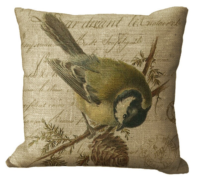 Bird & Pinecone on French Letter in Choice of 14x14 16x16 18x18 20x20 22x22 24x24 26x26 18x12 20x13 24x16 inch Pillow Cover Light Nat Burlap