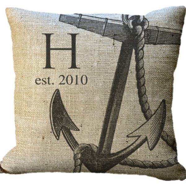 Burlap Nautical Anchor Custom Monogram  in Choice of 14x14 16x16 18x18 20x20 22x22 24x24 26x26 inch Pillow Cover