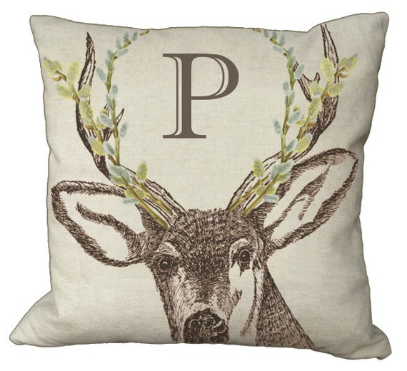Grainsack Shabby and Chic Deer Pussy Deer ANTLERS Pillow Lumbar Burlap or