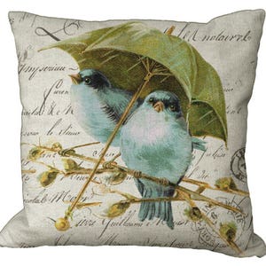 Aqua Bird Pair under Unbrella on French Script  in Choice of 14x14 16x16 18x18 20x20 22x22 24x24 26x26 inch Pillow Cover