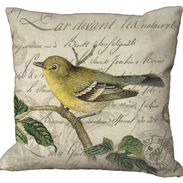 Yellow Bird on French Letter in Choice of 14x14 16x16 18x18 20x20 22x22 24x24 26x26 inch Pillow Cover on Burlap or Linen