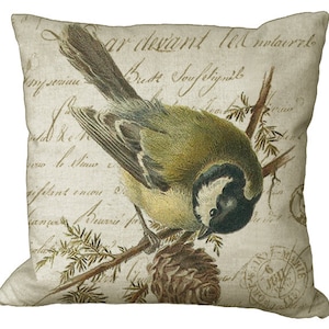 Bird & Pinecone on French Letter in Choice of 14x14 16x16 18x18 20x20 22x22 24x24 26x26 18x12 20x13 24x16 inch Pillow Cover Cotton/Linen