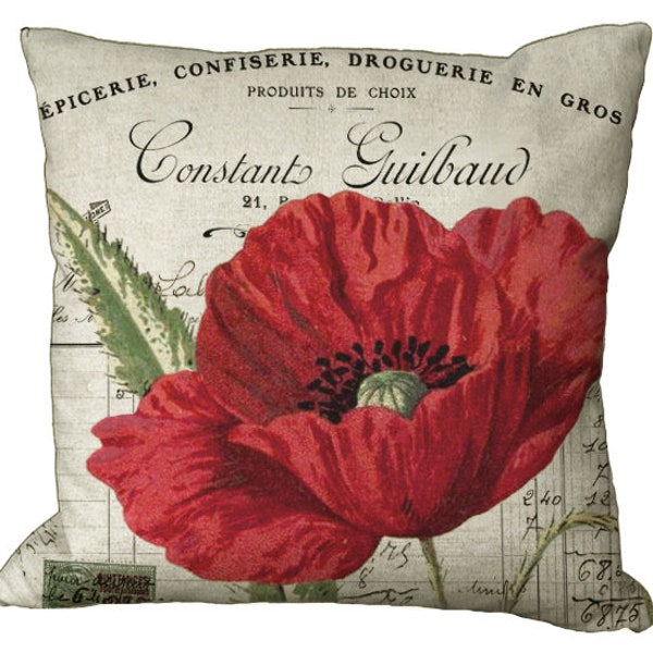 Red Poppy on invoice in Choice of 14x14 16x16 18x18 20x20 22x22 24x24 26x26 inch Pillow Cover