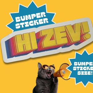 May include: A bumper sticker with the text "HI ZEV!" in a retro font, accompanied by a cartoon cat wearing sunglasses and holding a megaphone. The sticker is white with a colorful outline, set against a yellow background.