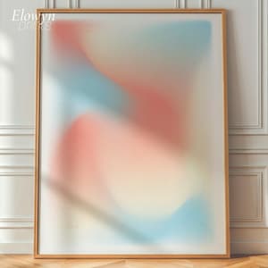 Op de afbeelding: Abstracte kunstafdruk in een houten lijst. Het kunstwerk heeft een zacht, wazig ontwerp met pastelkleuren, waaronder roze, blauw en geel. De tekst "Elowyn prints" staat in de linkerbovenhoek en het jaar "2019" staat onderaan.