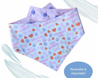 Goodest Girl Reversible Dog Bandana | Pink Floral | Snap-On Cotton Personalized Pet Scarf