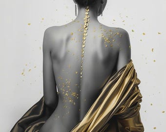 May include: A grayscale image of a person's back, adorned with gold leaf accents and draped in a gold satin fabric. The person's hair is styled in a bun, and they wear dangling earrings. The overall aesthetic is elegant and artistic.