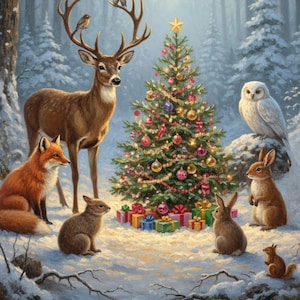 Könnte beinhalten: Winterliche Szene mit einem geschmückten Weihnachtsbaum, umgeben von Waldtieren. Ein Hirsch mit Vögeln auf dem Geweih steht neben dem Baum, zusammen mit einem Fuchs, einer Eule, Kaninchen und einem Eichhörnchen. Geschenke liegen am Fuße des Baumes, vor einem verschneiten Wald.