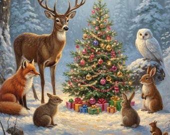 May include: A winter scene with a decorated Christmas tree, surrounded by woodland animals. A deer with birds on its antlers stands near the tree, with a fox, owl, rabbits, and a squirrel. Presents are at the base of the tree, with a snowy forest background.