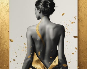 May include: A black and white artistic print of a person with their back to the viewer. The person is wearing a black dress with gold accents and gold leaf details. The background is white with gold leaf accents.