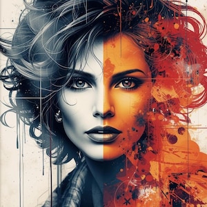 Duży wydruk cyfrowy 24x36, abstrakcyjny portret kobiety, plakat o wysokiej rozdzielczości 7000 px z podzieloną twarzą