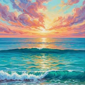 Vibrant Ocean Sunset Painting  Printable Coastal Wall Art