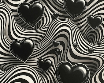 Black and White Heart Optical Illusion Print, Abstract Psychedelic Wall Art