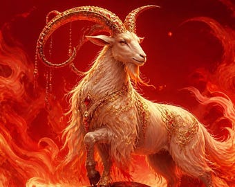 Golden Fire Ram Wall Art, Majestic Goat Print