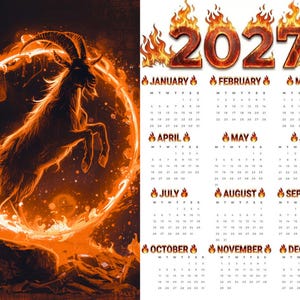 Può includere: Illustrazione arancione fiammeggiante di un capro che salta in un cerchio luminoso, su sfondo scuro. A destra, un calendario 2027 con mesi etichettati e decorati con grafiche a fiamma. Il tema è un mix di fantasia e design del calendario.
