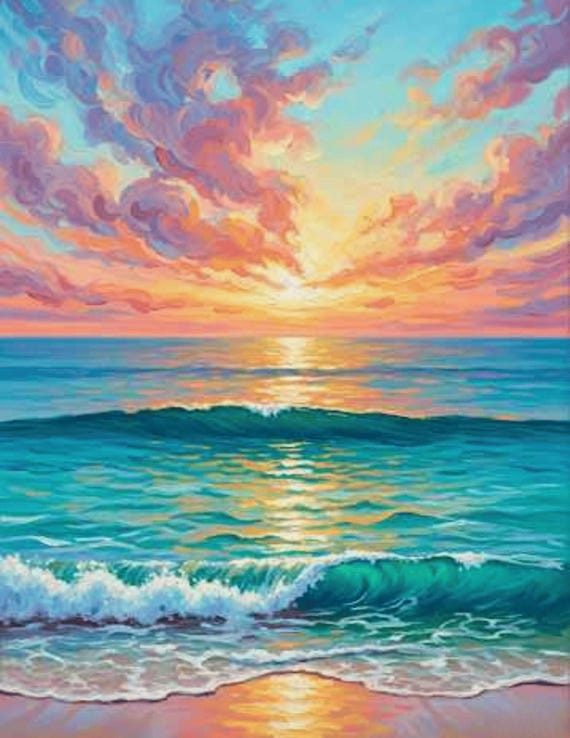 夕日と海の風景を描いたウォールアート4枚セット、海岸風景プリント