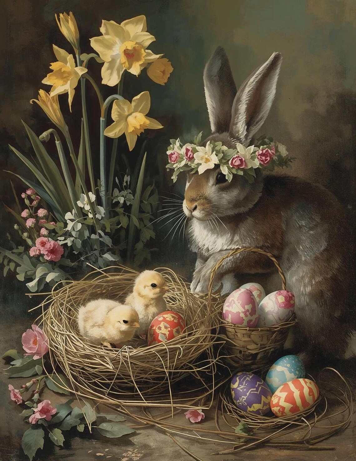 Vintage Easter Bunny Wall Art, Rabbit With Chicks and Easter Eggs Oil ...