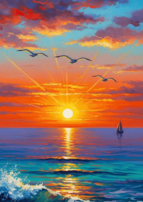 夕日と海の風景を描いたウォールアート4枚セット、海岸風景プリント