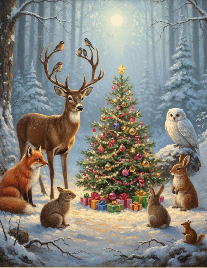 Peut inclure: Scène hivernale avec un sapin de Noël décoré, entouré d'animaux de la forêt. Un cerf avec des oiseaux sur ses bois se tient près de l'arbre, avec un renard, un hibou, des lapins et un écureuil. Des cadeaux sont au pied de l'arbre, dans une forêt enneigée.