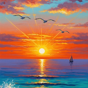 Vibrant Ocean Sunset Painting | Printable Coastal Wall Art