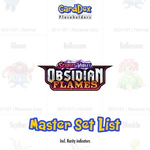 May include: A digital image featuring a trading card game theme. The image includes the "CardDex" logo, the "Scarlet & Violet Obsidian Flames" logo, and the text "Master Set List". Various card illustrations and set details are also present.