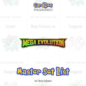 Peut inclure: Fond blanc avec le logo "CardDex Placeholders". L'image présente des cartes Pokémon, dont "Ivysaur" et "Mega Venusaur ex". Le texte "MEGA EVOLUTION" est mis en évidence, ainsi que "Master Set List" et des indicateurs de rareté.