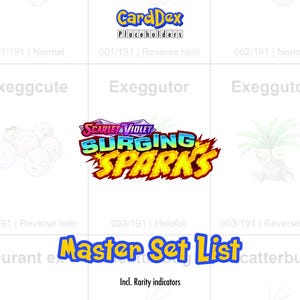 May include: A master set list for a card game, featuring the "Scarlet & Violet Surging Sparks" logo. The image includes card placeholders, card names, and rarity indicators. The "CardDex Placeholders" logo is at the top.