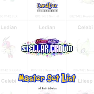 Könnte beinhalten: Ein Rasterlayout mit den Logos "CardDex" und "Scarlet & Violet Stellar Crown". Das Bild zeigt Pokémon-Kartenplatzhalter, darunter "Ledian" und "Celebi", mit Text, der Kartentypen und Set-Details angibt. Die Worte "Master Set List" sind ebenfalls sichtbar.