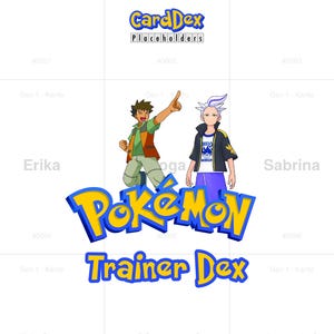 Op de afbeelding: Een digitale afbeelding met de tekst CardDex Placeholders bovenaan en Pokémon Trainer Dex onderaan in blauw en geel. Twee geanimeerde figuren staan in het midden, één met bruin haar en één met stekelig wit en blauw haar.