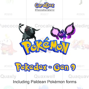 Op de afbeelding: Een afbeelding met het Pokémon-logo, de tekst "Pokedex - Gen 9" en "Including Paldean Pokémon forms". Er worden ook verschillende Pokémon-personages weergegeven, waaronder Fuecoco, Crocalor en Eledirge.