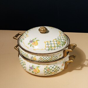 Vintage Enamel Double Boiler Pot with Brass Handles | Fruit Floral Kitchenware | Cottage Cookware