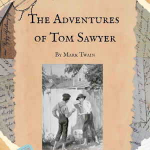 Op de afbeelding: Een vintage boekcover voor "De avonturen van Tom Sawyer" van Mark Twain. Het ontwerp heeft een sepia-achtergrond met gescheurde papieren randen, een illustratie van twee jongens en een ticket met "Admit One".