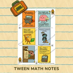 Op de afbeelding: Een afdrukbaar vel met wiskundige aantekeningen met cartoonillustraties en humoristische tekst. De aantekeningen behandelen onderwerpen als negatieve getallen, inspanning en pi. Het vel bevat een rekenmachine, een hersenen en taartpunt-personages.